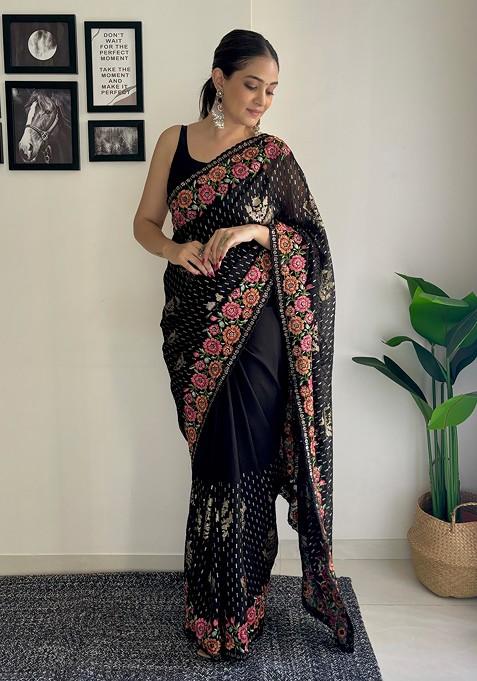 Black Thread Embroidered Mono Banglori Saree Set