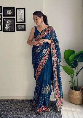 Teal Blue Thread Embroidered Mono Banglori Saree Set