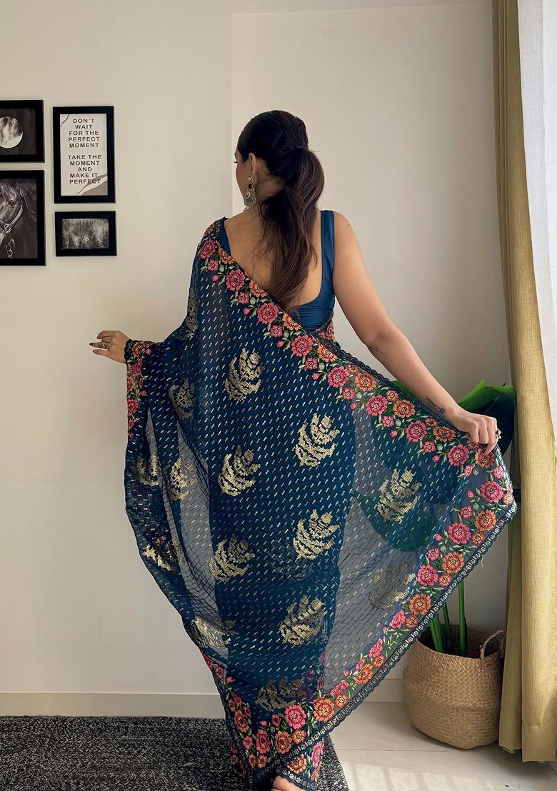 Teal Blue Thread Embroidered Mono Banglori Saree Set