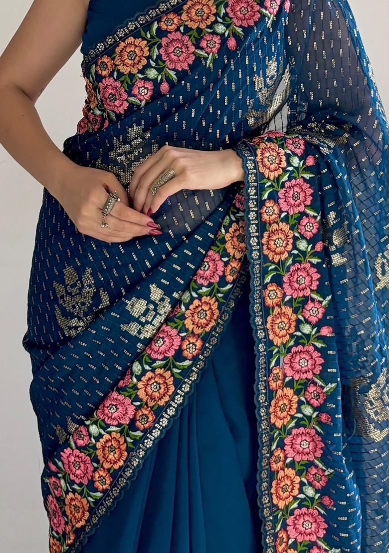 Teal Blue Thread Embroidered Mono Banglori Saree Set
