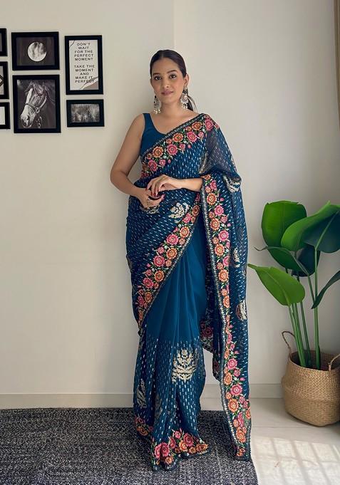 Teal Blue Thread Embroidered Mono Banglori Saree Set