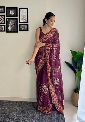 Wine Thread Embroidered Mono Banglori Saree Set