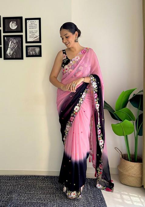 Pink Embroidered Faux Georgette Saree Set