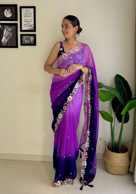 Purple Embroidered Faux Georgette Saree Set