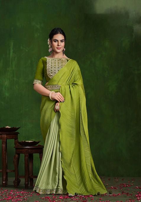 Green Zari Embroidered Malai Satin Saree Set