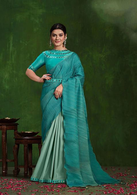 Blue Thread Embroidered Malai Satin Saree Set