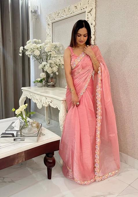 Pink Embroidered Burberry Silk Saree Set