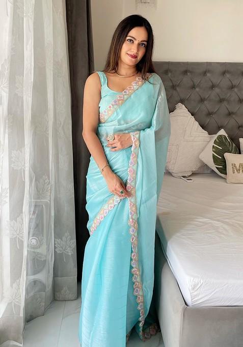 Blue Embroidered Burberry Silk Saree Set