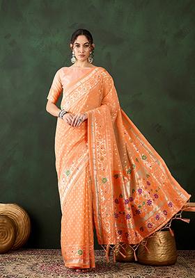 Orange Weaving Design Poly Cotton Saree Set