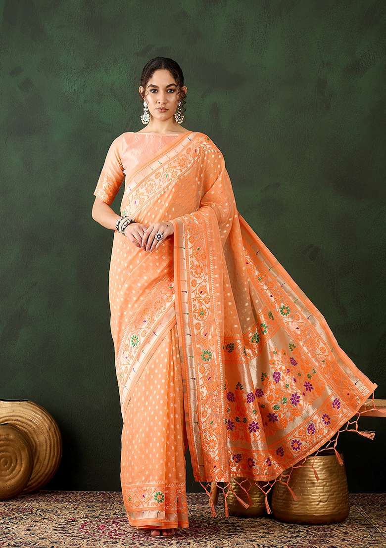 Orange Weaving Design Poly Cotton Saree Set - Indya