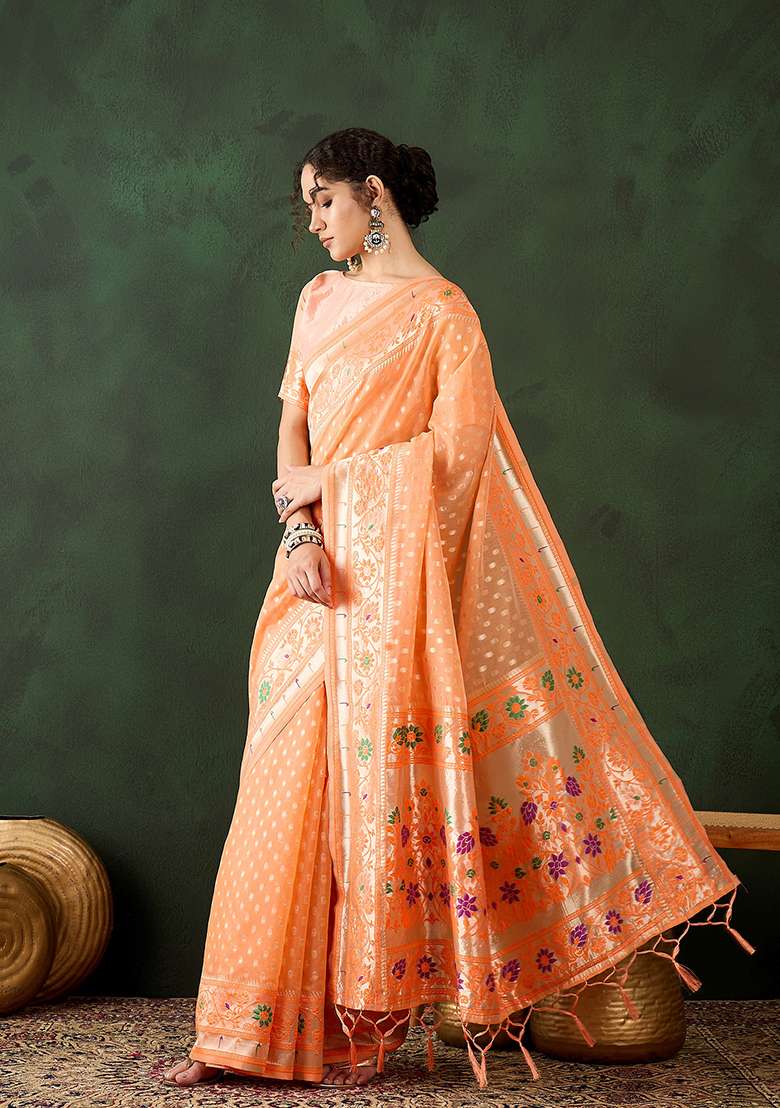 Orange Weaving Design Poly Cotton Saree Set - Indya
