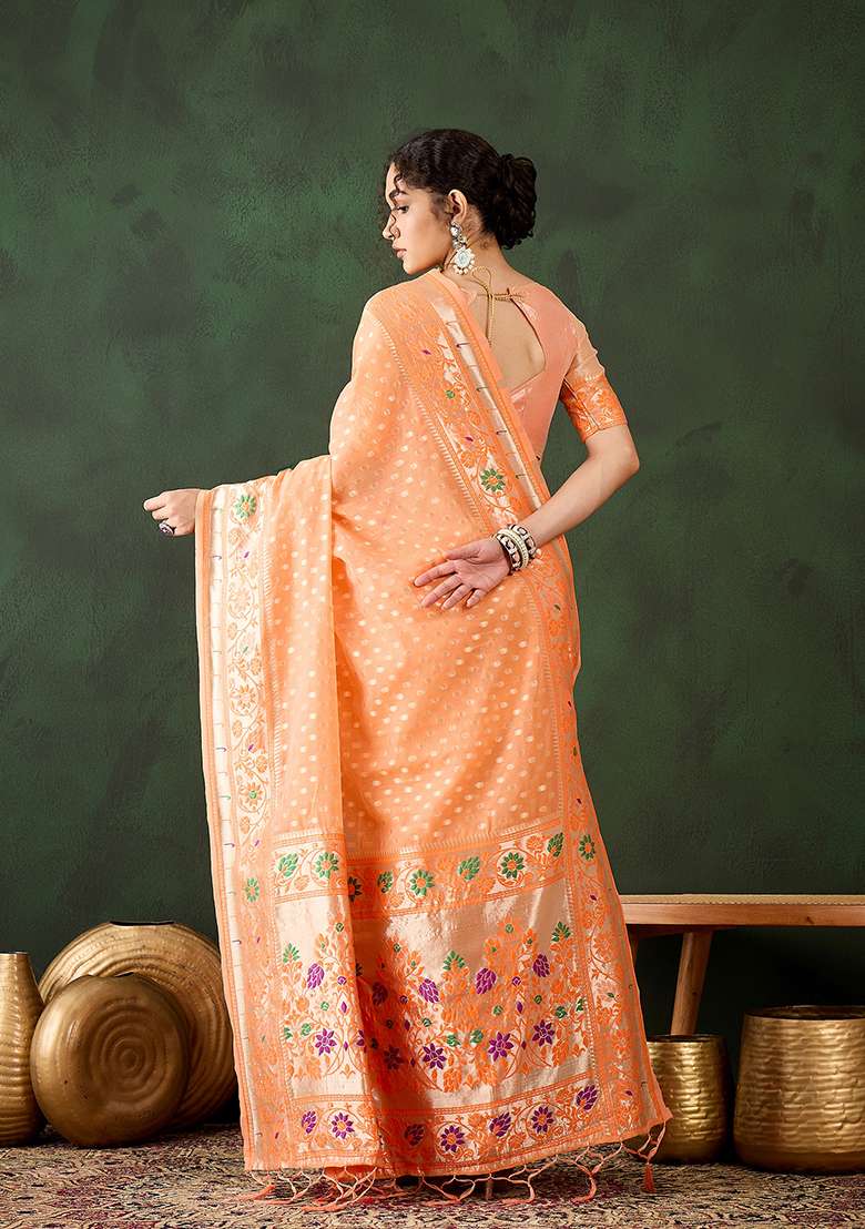 Orange Weaving Design Poly Cotton Saree Set - Indya