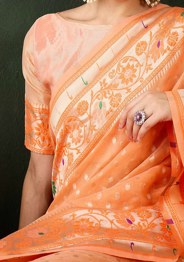 Orange Weaving Design Poly Cotton Saree Set - Indya