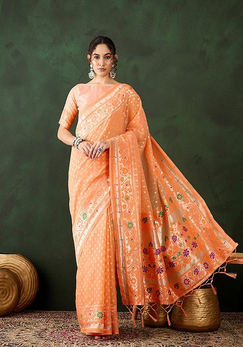 Orange Weaving Design Poly Cotton Saree Set