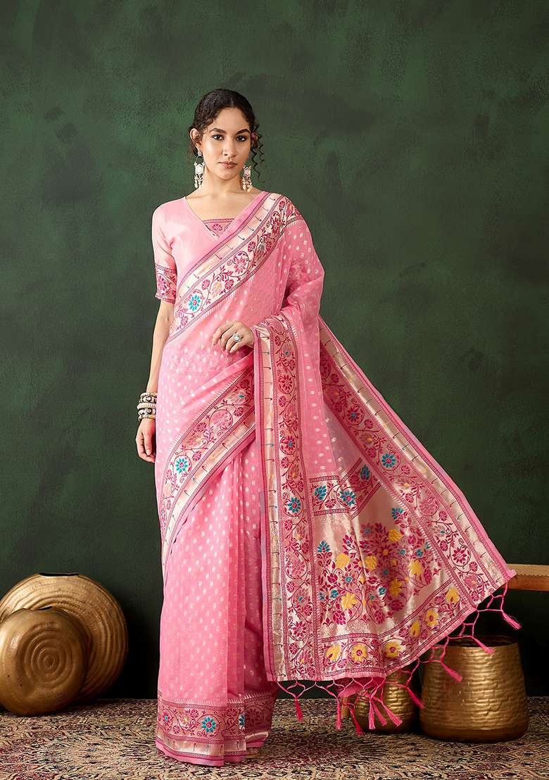 Pink Weaving Design Poly Cotton Saree Set - Indya