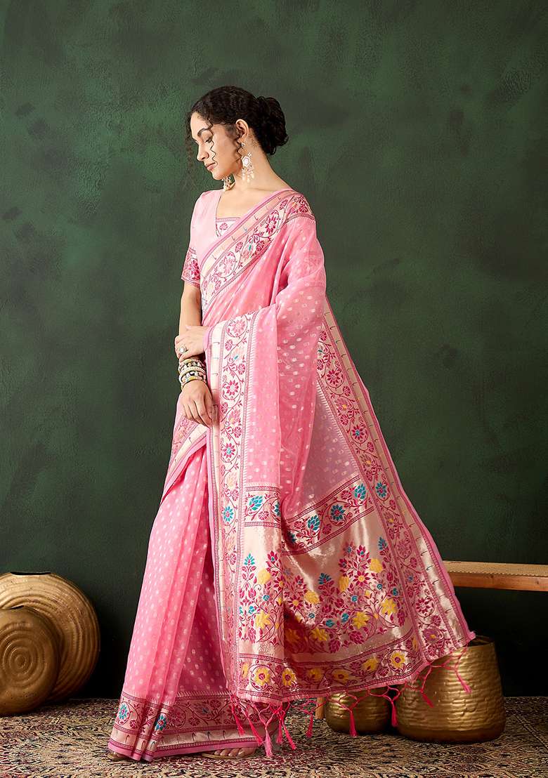 Pink Weaving Design Poly Cotton Saree Set - Indya