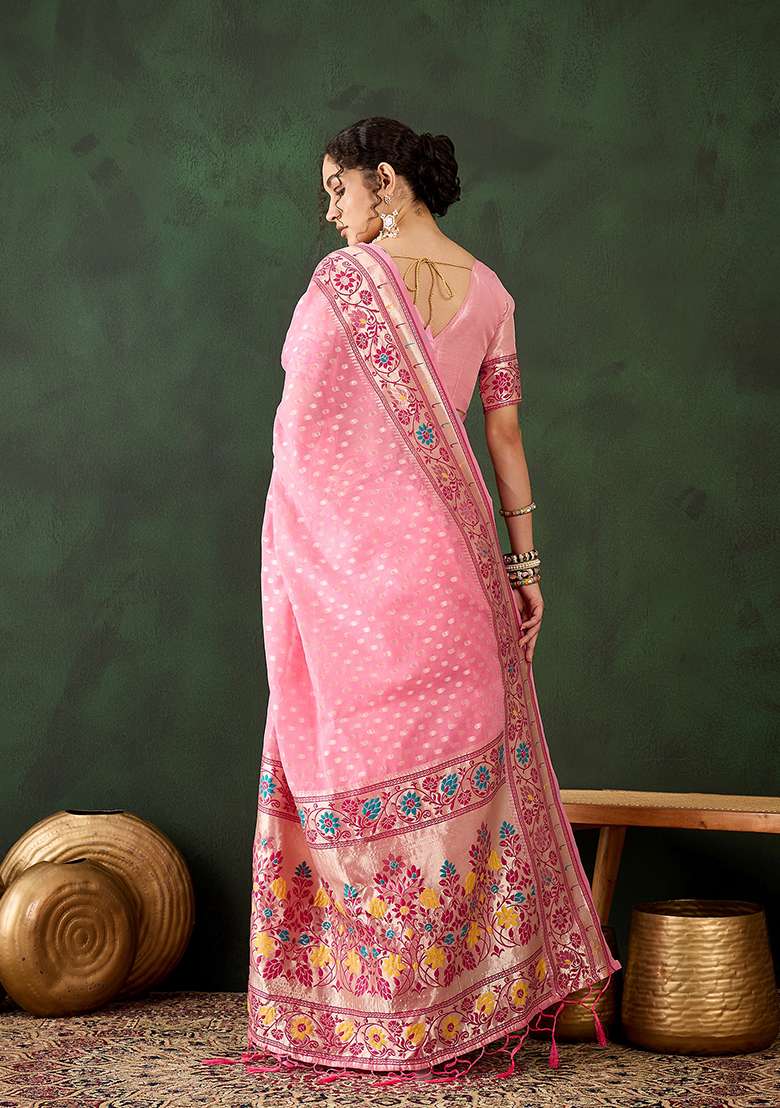 Pink Weaving Design Poly Cotton Saree Set - Indya