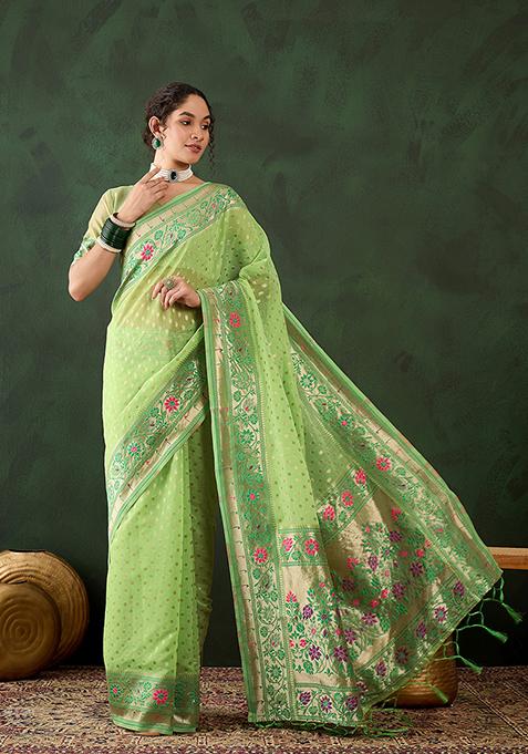 Green Weaving Design Poly Cotton Saree Set