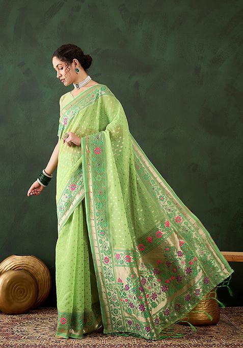 Green Weaving Design Poly Cotton Saree Set