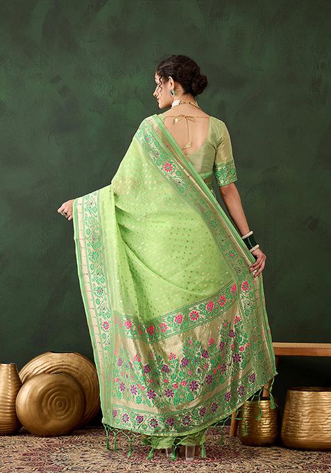 Green Weaving Design Poly Cotton Saree Set