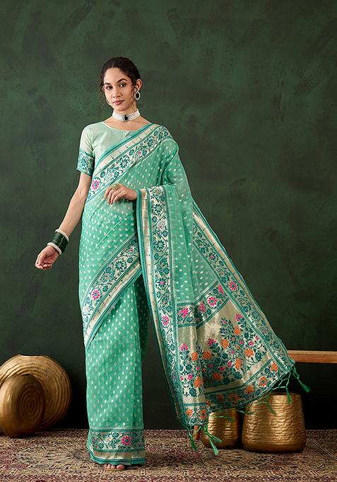 Sea Green Weaving Design Poly Cotton Saree Set