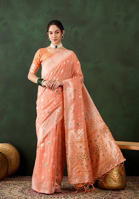 Orange Weaving Design Poly Cotton Saree Set