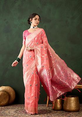 Peach Weaving Design Poly Cotton Saree Set