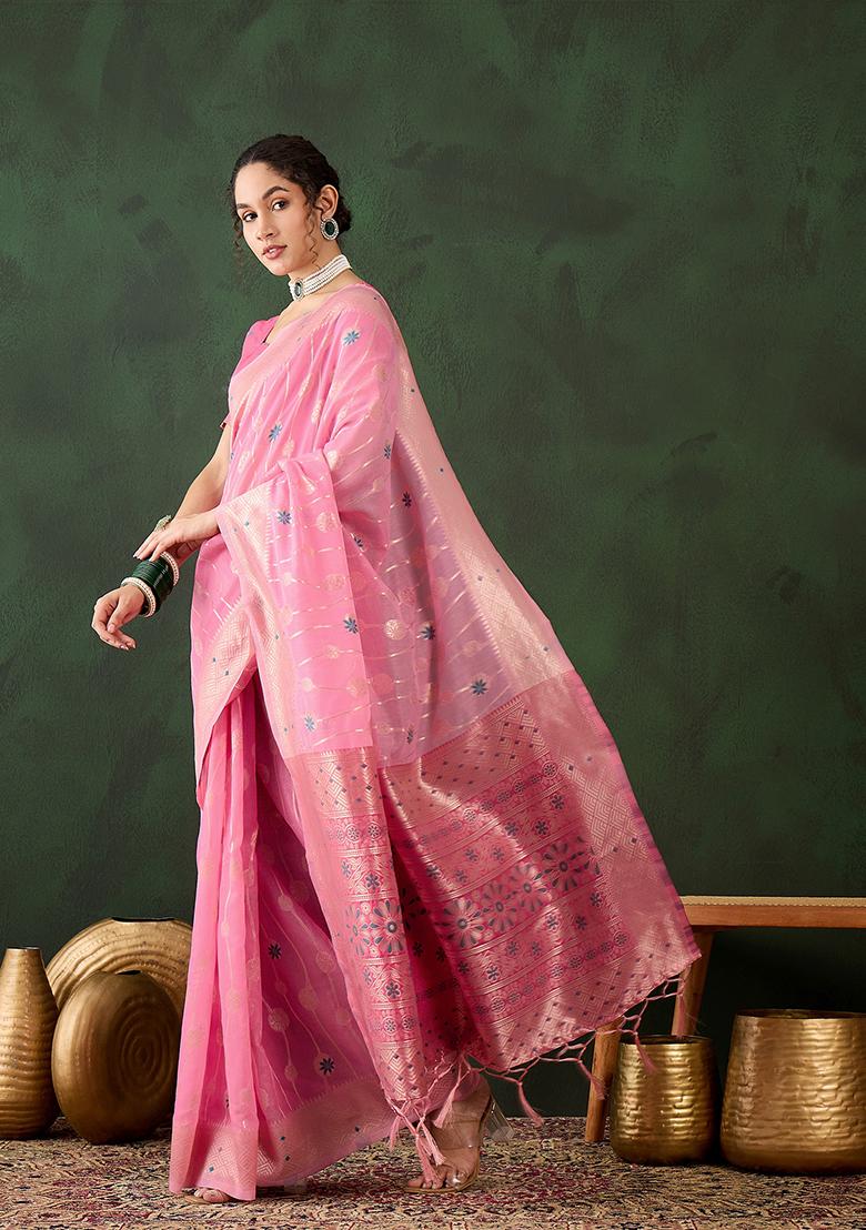 Pink Weaving Design Poly Cotton Saree Set