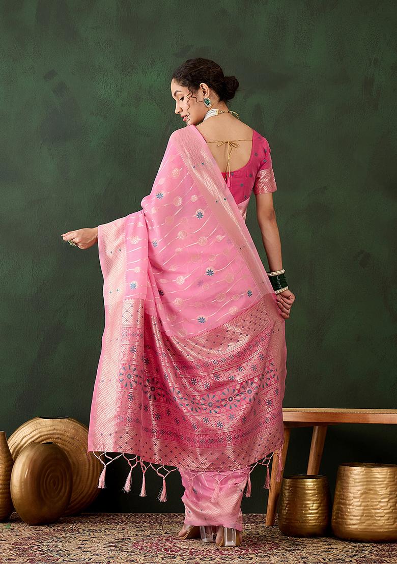 Pink Weaving Design Poly Cotton Saree Set