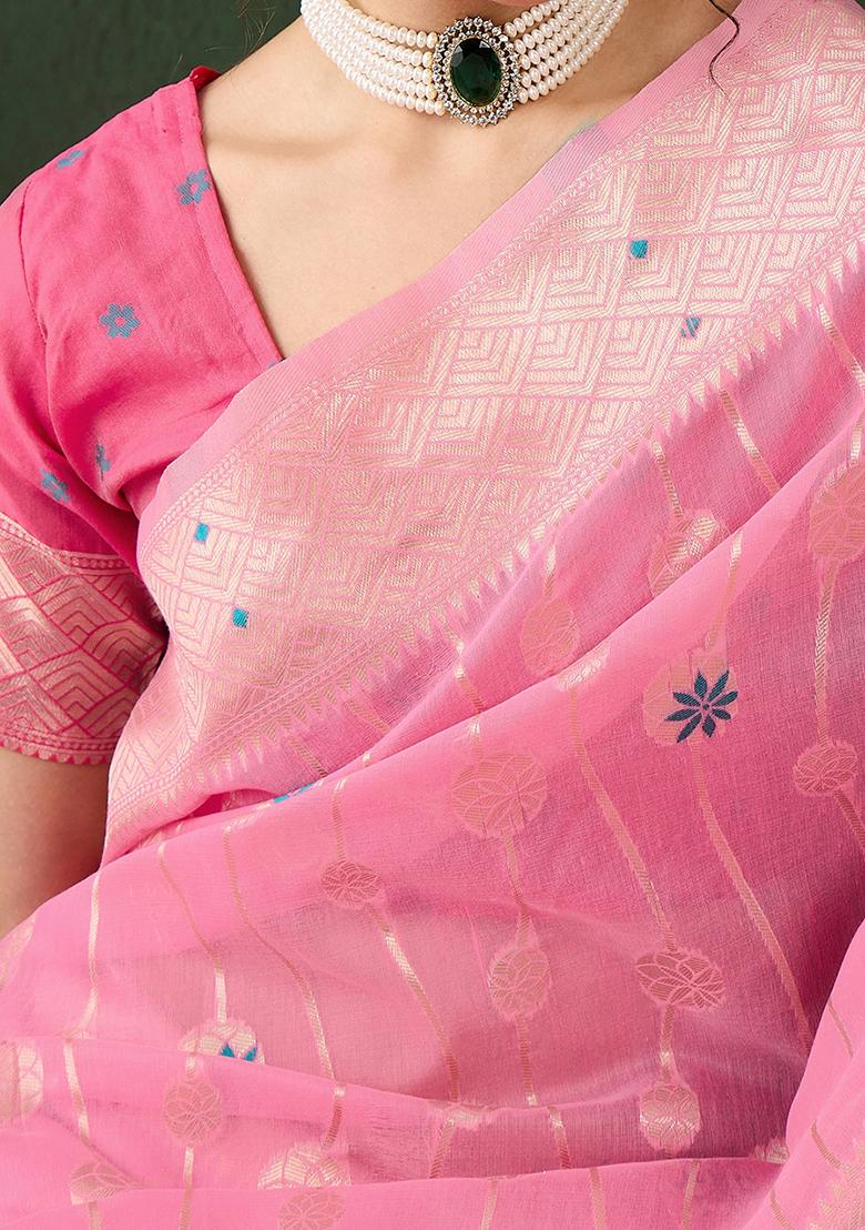 Pink Weaving Design Poly Cotton Saree Set