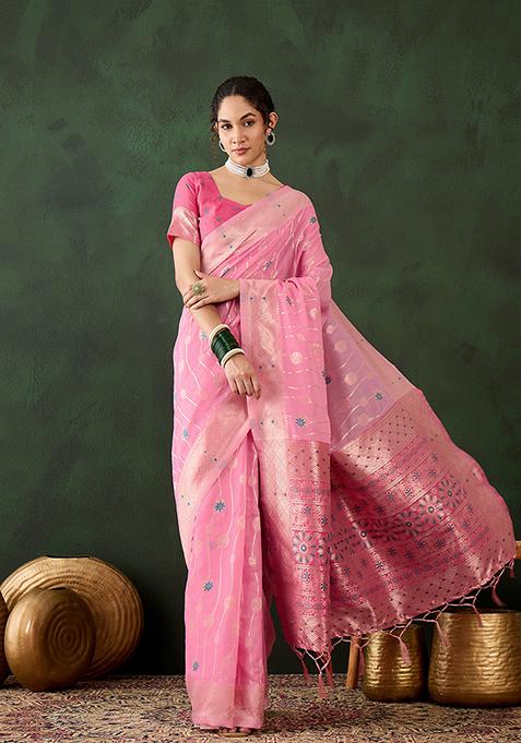 Pink Weaving Design Poly Cotton Saree Set