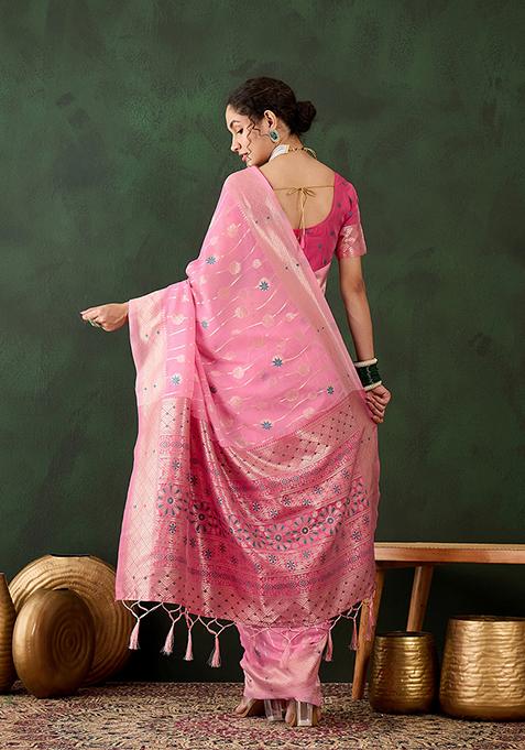 Pink Weaving Design Poly Cotton Saree Set