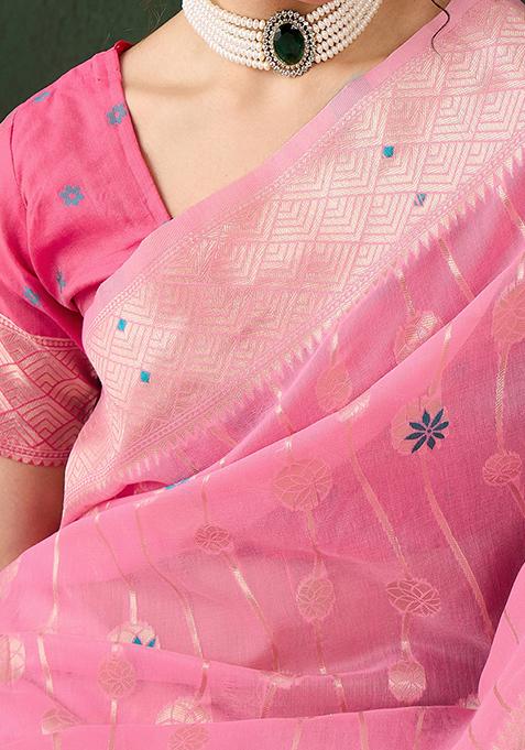 Pink Weaving Design Poly Cotton Saree Set