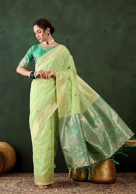 Pista Weaving Design Poly Cotton Saree Set