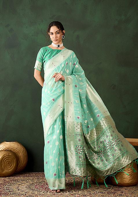 Sea Green Weaving Design Poly Cotton Saree Set