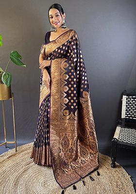 Purple Weaving Design Banarasi Satin Silk Saree Set