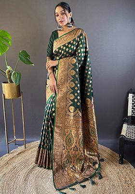 Green Weaving Design Banarasi Satin Silk Saree Set