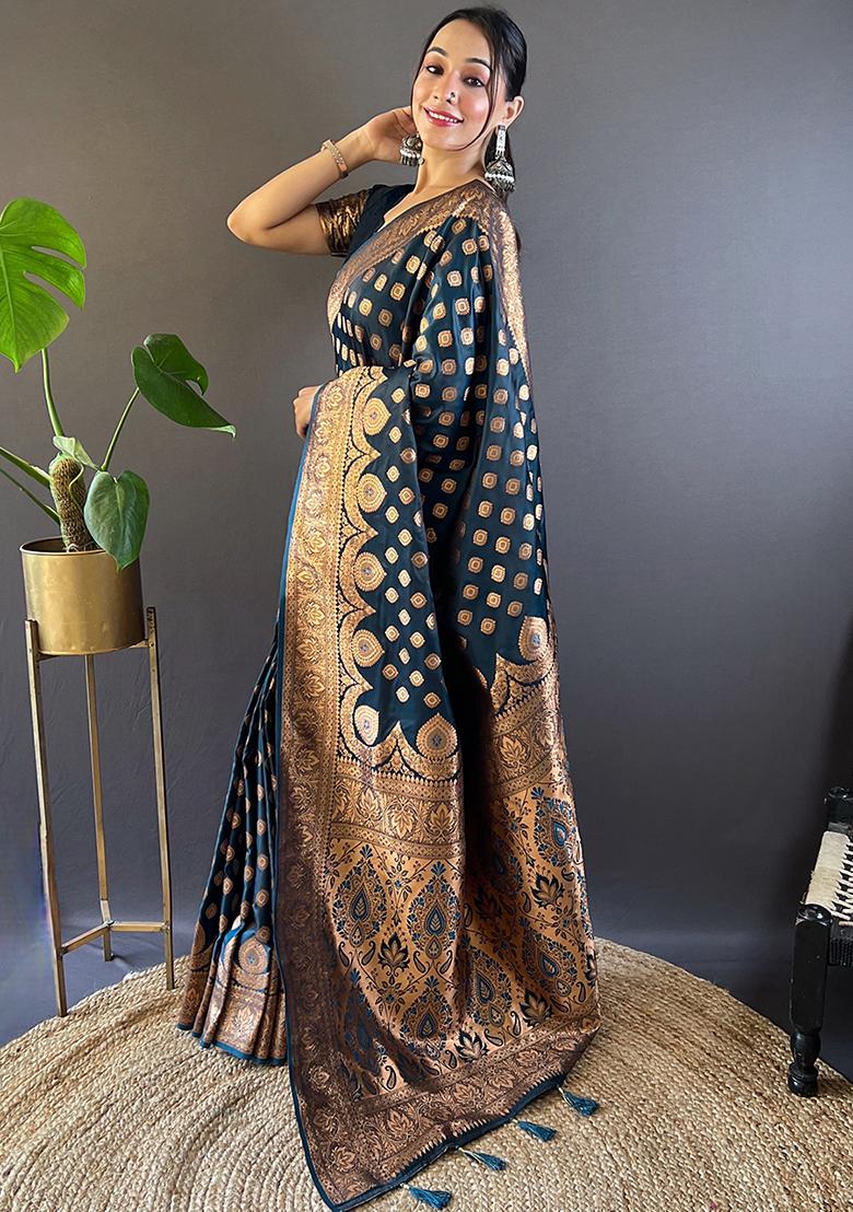 Blue Weaving Design Banarasi Satin Silk Saree Set - Indya