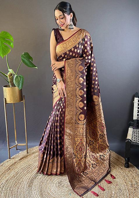 Maroon Weaving Design Banarasi Satin Silk Saree Set