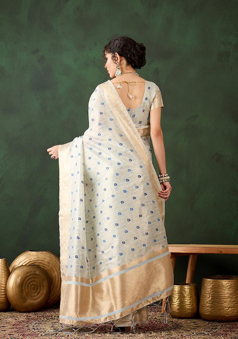 Sky Blue Printed Khadi Organza Saree Set
