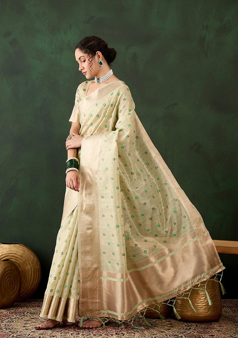 Pista Printed Khadi Organza Saree Set