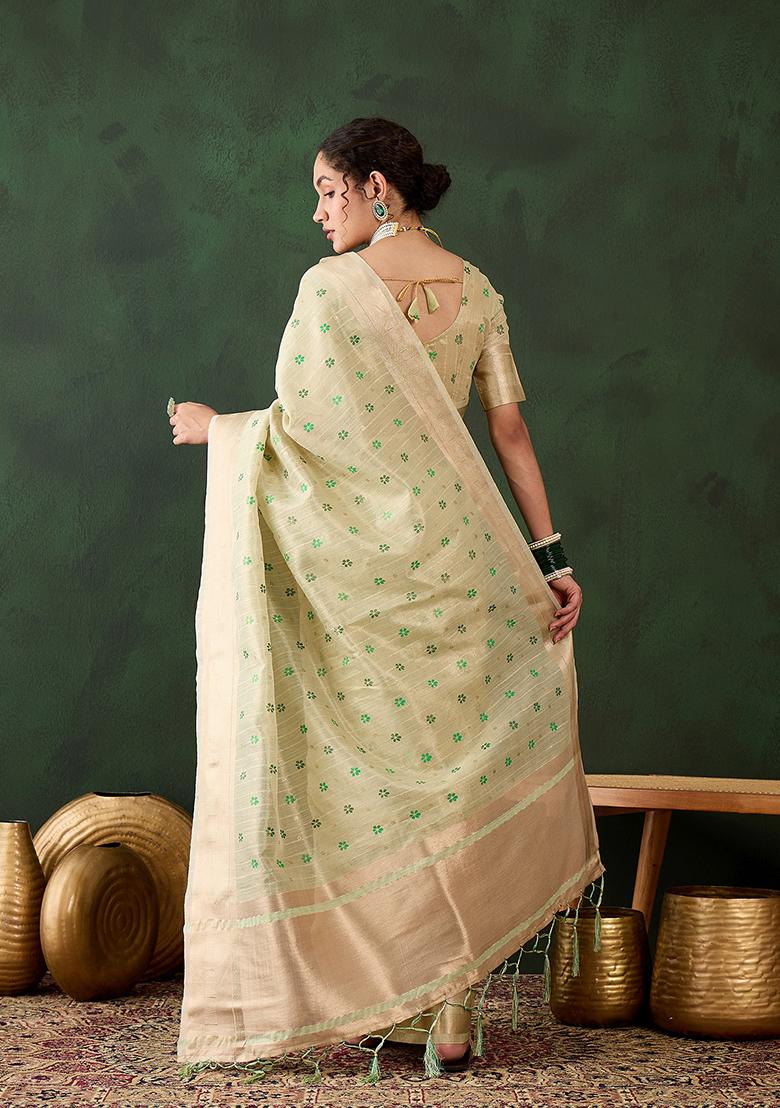 Pista Printed Khadi Organza Saree Set