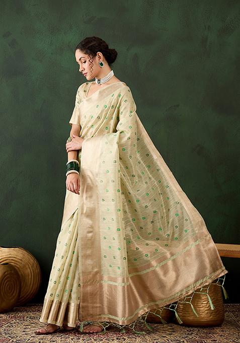 Pista Printed Khadi Organza Saree Set