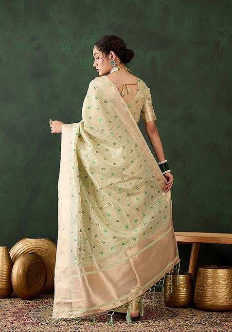 Pista Printed Khadi Organza Saree Set