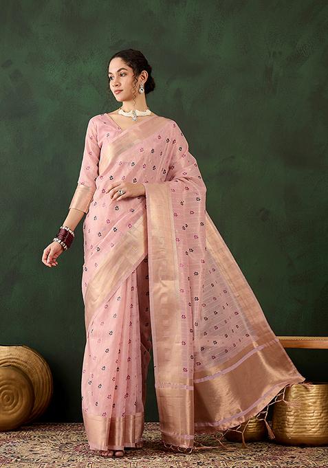 Pink Printed Khadi Organza Saree Set