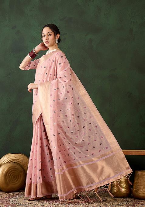 Pink Printed Khadi Organza Saree Set