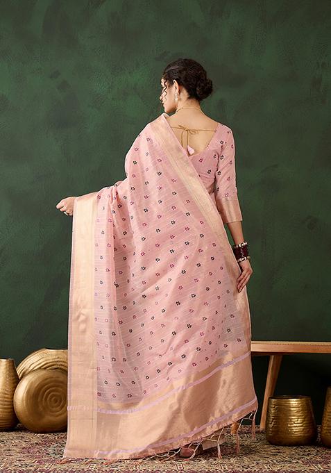 Pink Printed Khadi Organza Saree Set