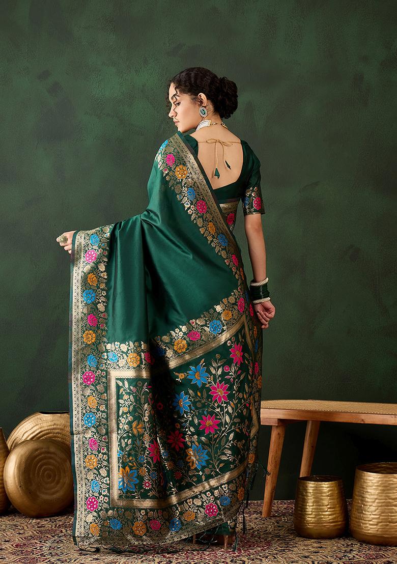 Green Weaving Design Silk Saree Set