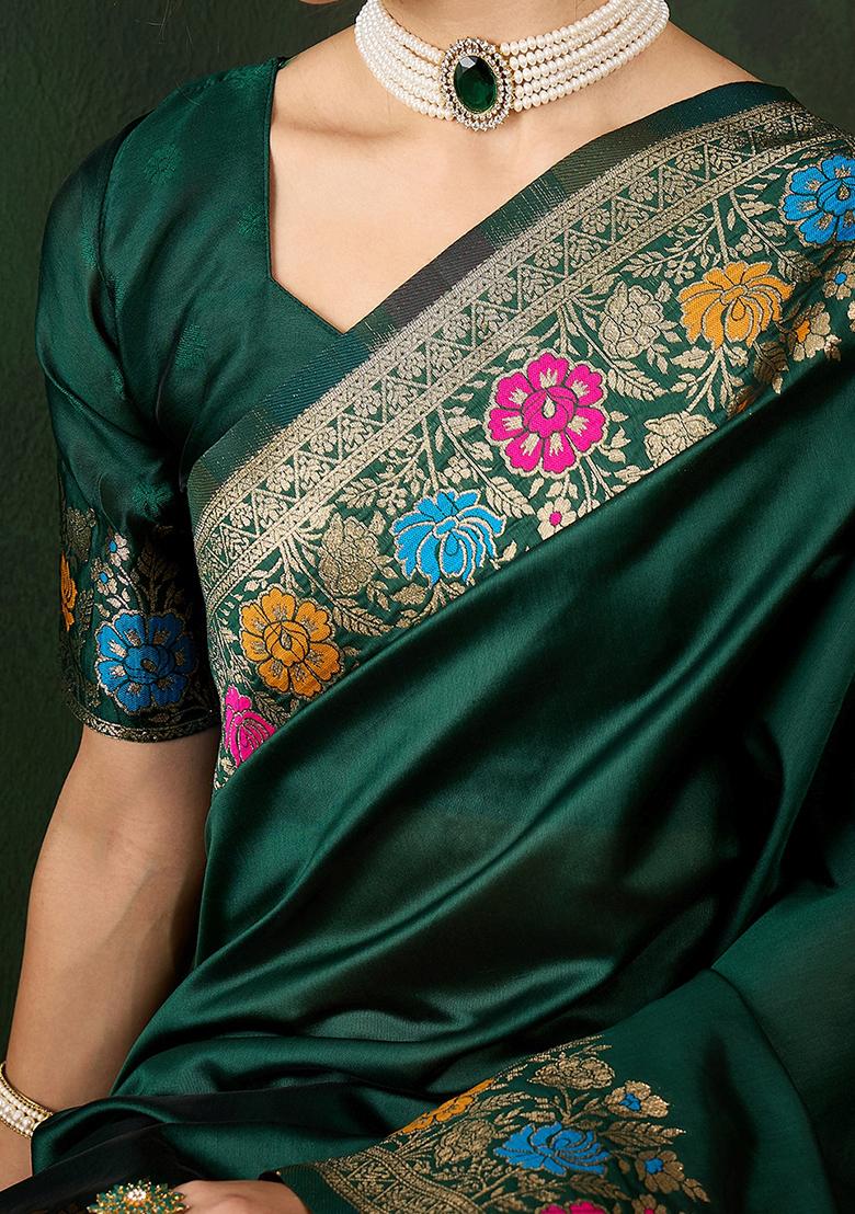 Green Weaving Design Silk Saree Set
