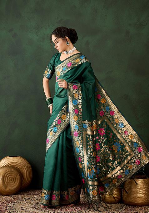 Green Weaving Design Silk Saree Set